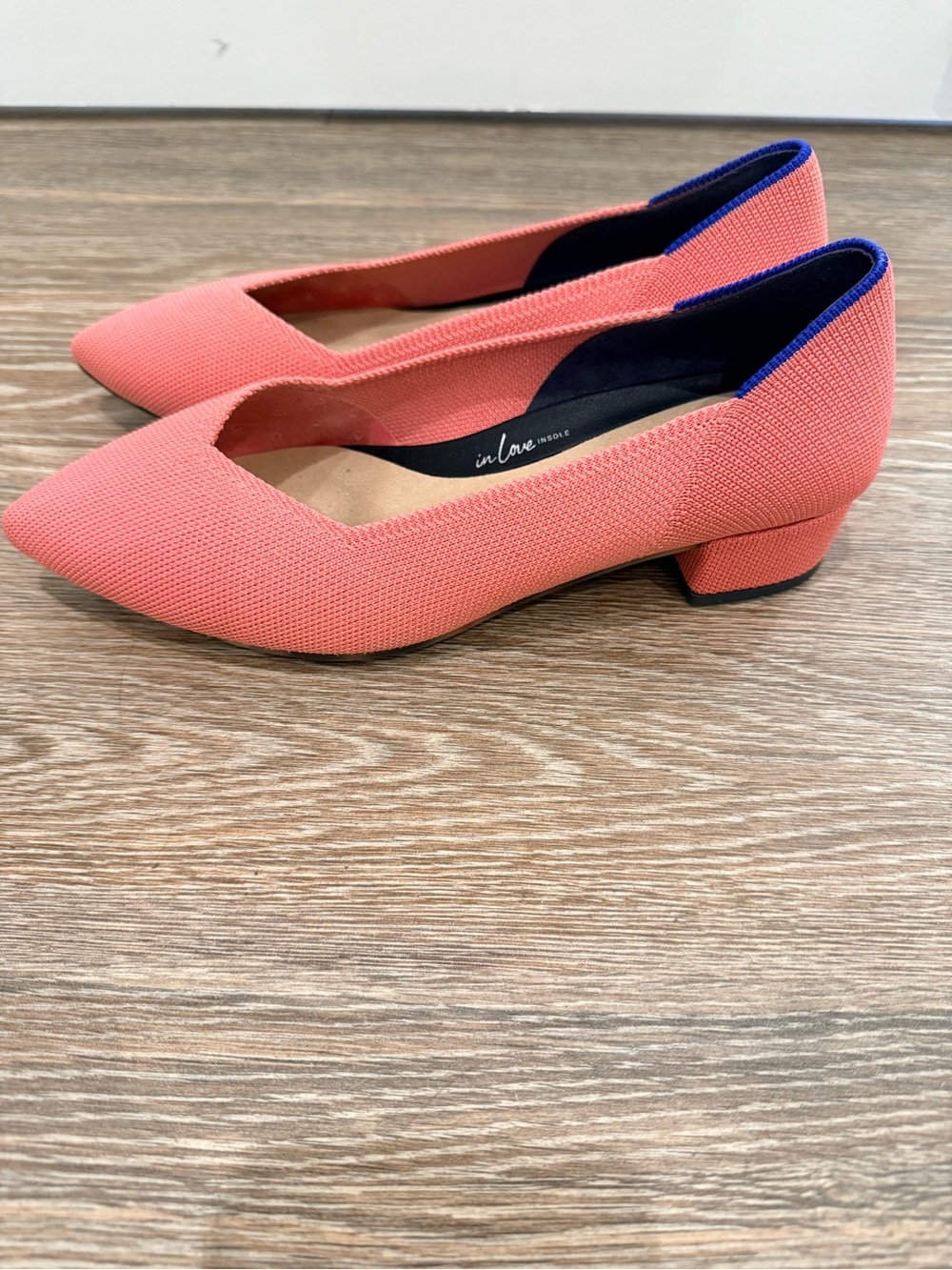 Rothy's Coral Pointed Block Heel Pumps with Navy Trim